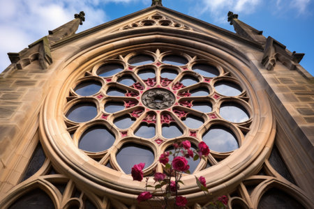 a rose window atop a gothic revival stone entrance, created with generative aiの素材