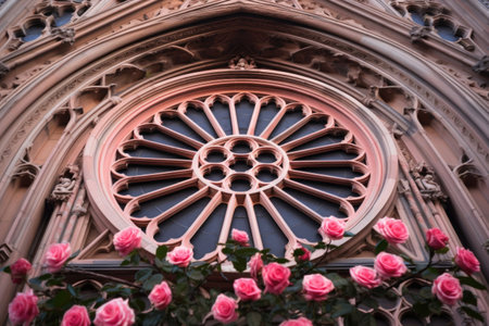 a close view of a rose window with surrounding gothic revival elements, created with generative aiの素材