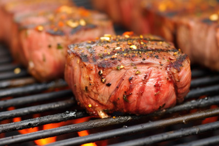 close-up of perfectly grilled filet mignon with pepper corns, created with generative aiの素材