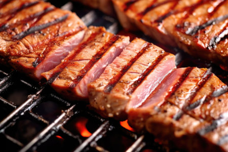 macro shot of juicy grilled tuna meat texture, created with generative aiの素材