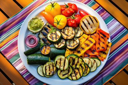 top shot of a melamine platter filled with an assortment of grilled veg on a picnic table, created with generative aiの素材