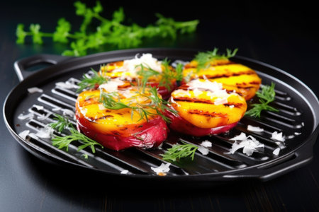 grilled beets on a trendy black plate, created with generative aiの素材