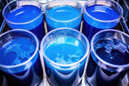 closeup of dyeing vats filled with blue dye, created with generative aiの素材