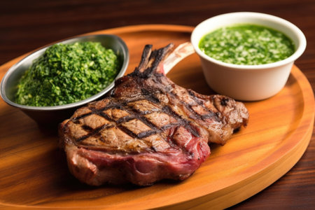 lamb chop with grill marks and a bowl of chimichurri sauce, created with generative aiの素材