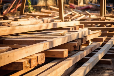 discarded wooden construction beams ready for reuse, created with generative aiの素材