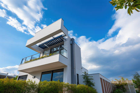 exterior of a cubic-shaped modern house from a low angle, created with generative aiの素材
