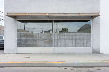 industrial gray steel mesh overlaying a white concrete storefront, created with generative aiの素材