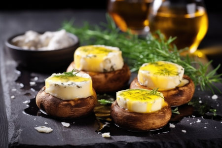 stuffed puffball mushrooms with melted colby cheese on stone slab, created with generative aiの素材