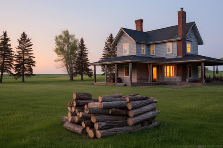 prairie homestead with central chimney, unlit firewood pile beside, created with generative aiの素材