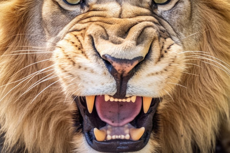 close-up of a lions face, showing its huge teeth, created with generative aiの素材