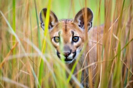 a puma sneaking in tall grass towards a deer, created with generative aiの素材