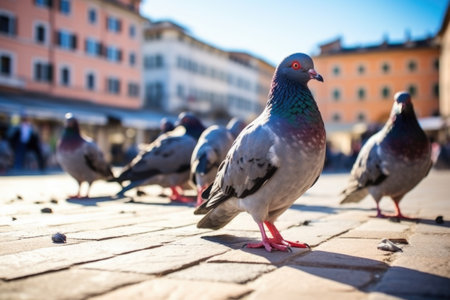 pigeons pecking on city square pavement, created with generative aiの素材
