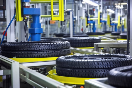close-up of retreaded tires on the production line, created with generative aiの素材