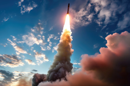 satellite being launched from a rocket into the sky, created with generative aiの素材