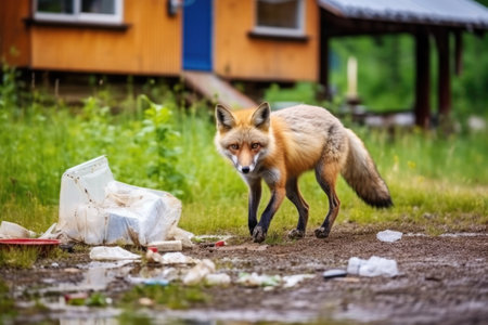 fox picking up leftovers from a campground, created with generative aiの素材