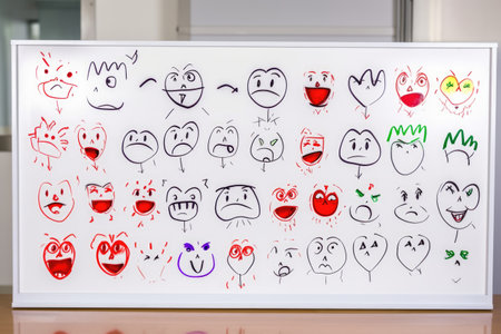 whiteboard with drawn emoticons expressing different moods, created with generative aiの素材