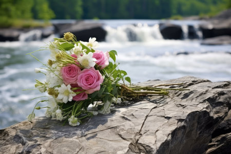 a wedding bouquet on a rock with a waterfall in the distance, created with generative aiの素材