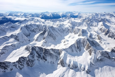aerial view of alpine glacier in mountain range, created with generative aiの素材
