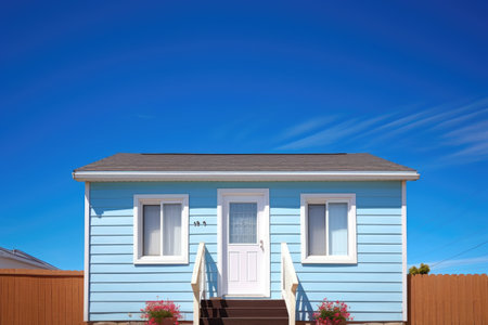 a cottage with baby blue walls against clear blue sky, created with generative aiの素材