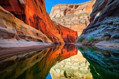 reflection of canyon colors in still water, created with generative aiの素材