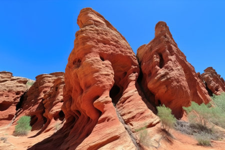 iron-rich, red canyon rock, in stark contrast to a clear sky, created with generative aiの素材