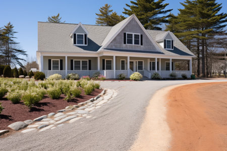 gravel driveway leading to a cape cod house with a wide porch, created with generative aiの素材