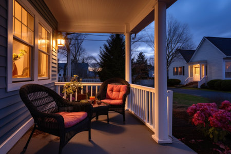 lantern-lit front porch of a cape cod home at twilight, created with generative aiの素材