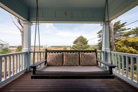porch swing on a weathered cape cod deck, created with generative aiの素材