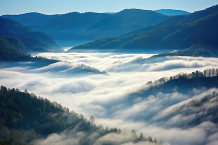 sunlight piercing through morning fog clouds, created with generative aiの素材