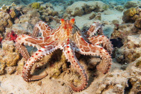 octopus camouflaged against reef background, created with generative aiの素材