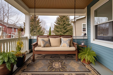 craftsman porch featuring porch swing and decorative rugs, created with generative aiの素材