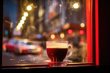 led sign advertising coffee in a cafe window, created with generative aiの素材