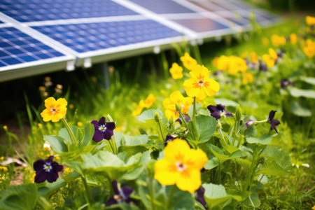 solar panels in a patch of wildflowers, created with generative aiの素材