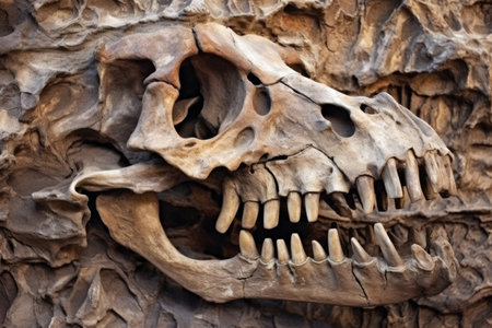 a dinosaur skull fossil close-up, created with generative aiの素材