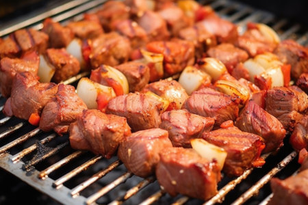 top angle view of garlic bbq steak tips on a barbecue grill, created with generative aiの素材