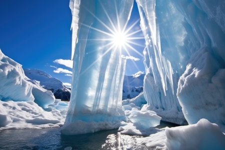 sunlight refracting through a glaciers crystalline structure, created with generative aiの素材