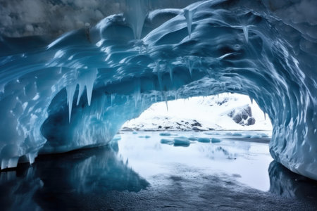 the mouth of an ice cave in a glacier, created with generative aiの素材