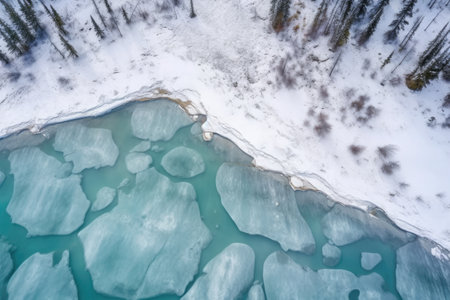 overhead shot of bear tracks around a glacial lake, created with generative aiの素材