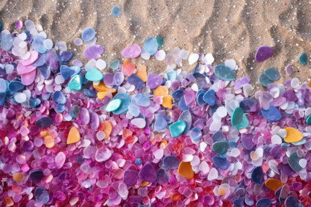 vivid glitter spread over wet sand, created with generative aiの素材