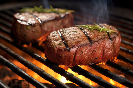 filet mignon seared on hot iron cast grill, created with generative aiの素材