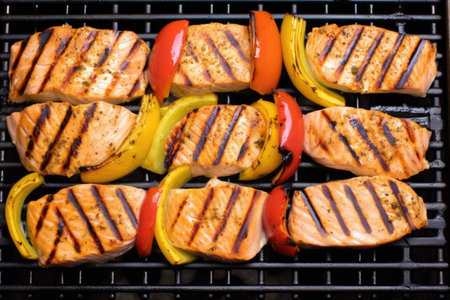 overhead shot of a grill filled with salmon steaks, created with generative aiの素材