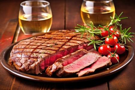 cross-section of a grilled beef steak on a ceramic platter, created with generative aiの素材