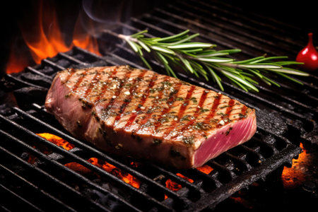 grilled tuna steak decorated with sprigs of rosemary, created with generative aiの素材