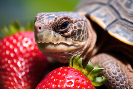 a close-up of a turtle chewing on a strawberry, created with generative aiの素材