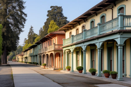 series of italianate buildings showcasing deep eaves, shot from distance, created with generative aiの素材