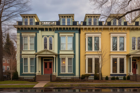 italianate architecture with deep eaves and multiple windows, created with generative aiの素材