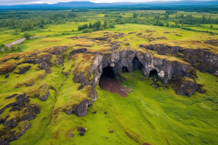 aerial view of a lava tube amidst a hardened lava field, created with generative aiの素材