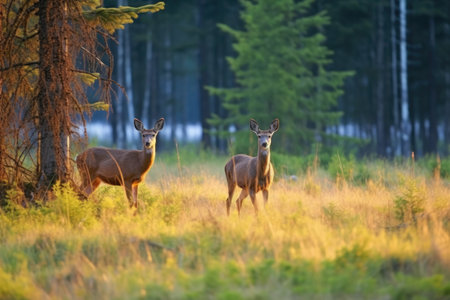 deer foraging for food in the dusk meadow, created with generative aiの素材