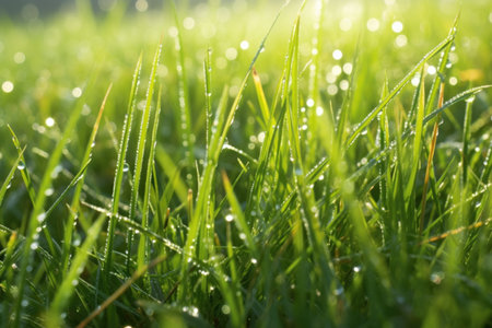 close up of dew on meadow grass, created with generative aiの素材