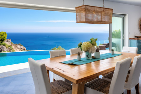 cliff-side dining area overlooking turquoise sea, created with generative aiの素材